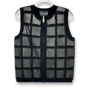 Vintage 90s Rochelle California Vest Black Size Leather Patchwork Crochet Knit